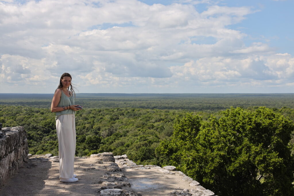 Panoramic jungle view from the top of Calakmul Mexico’s Maya ruins